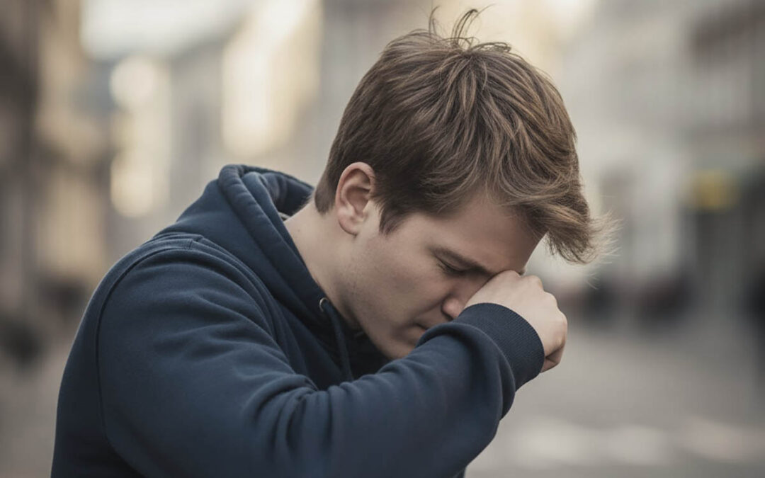 uomo che sta tossendo in ambiente urbano all'aperto